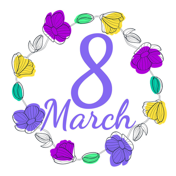 8 marzo cartolina per la Giornata Internazionale della Donna. modello per cartoline. corona di fiori - Vettoriali, immagini