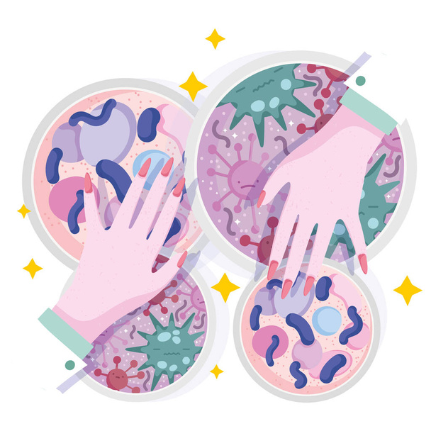 hands with a petri dishes, medical research laboratory glassware - Vector, Image
