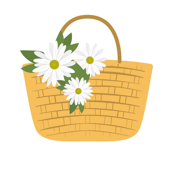 cesta de picnic con tres flores blancas - Vector, Imagen