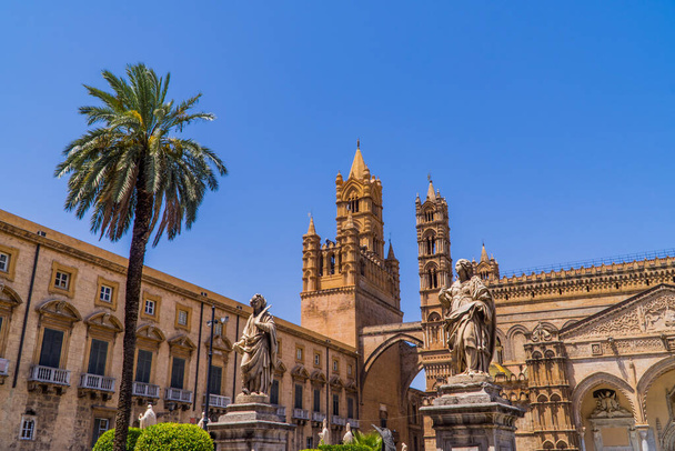 Cathédrale de Palerme à Palerme, Sicile, Italie avec statues et palmier - Photo, image