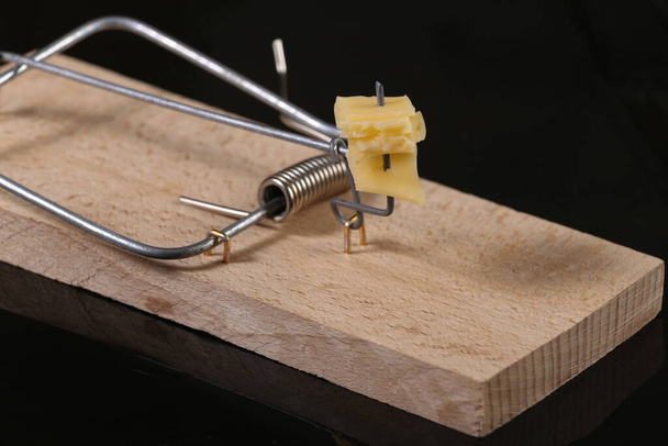 Mousetrap with cheese bait isolated on black background - Photo, Image