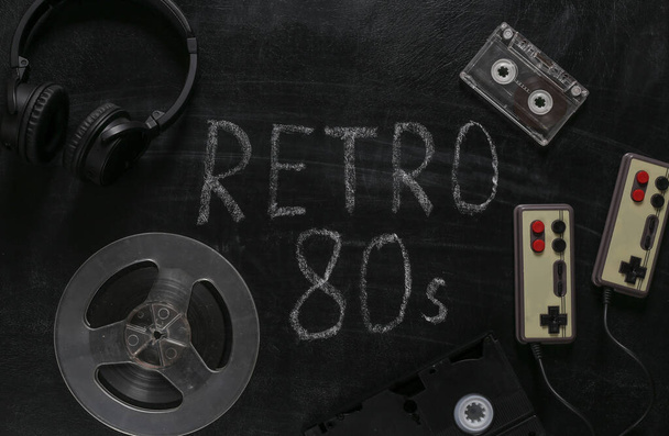Retro devices and Word retro 80s chalk hand drawn on blackboard - Фото, зображення
