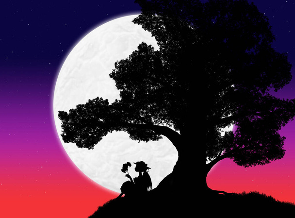 beautiful silhouette of a large tree and a woman sitting under it against the background of the evening sky with stars and the moon - Fotografie, Obrázek
