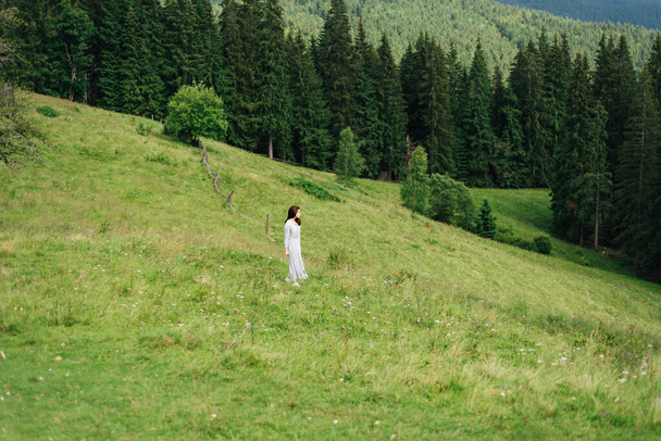 Nainen mekossa seisoo vihreällä niityllä kukkia vuorilla taustalla kaunis maisema havumetsässä ja näyttää pois. Yhtenäisyys luonnon kanssa. Ihminen ja vuoret. - Valokuva, kuva