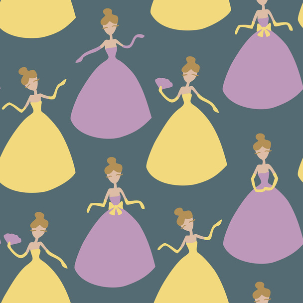 Vector seamless pattern with ladies cartoon characters. Ladies in colorful yellow and purple dresses and gloves in different poses. Woman with a fan and bowknot. - Вектор,изображение