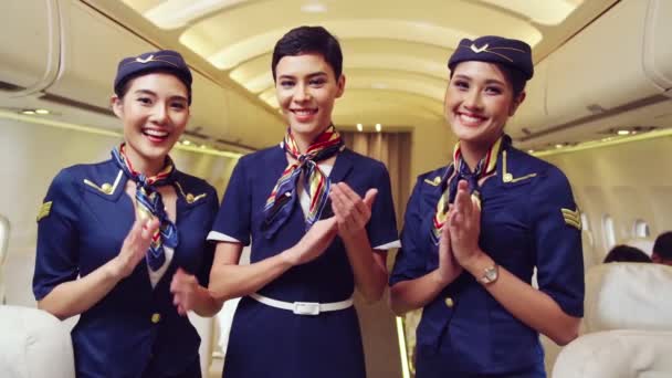 Cabin crew clapping hands in airplane - Footage, Video