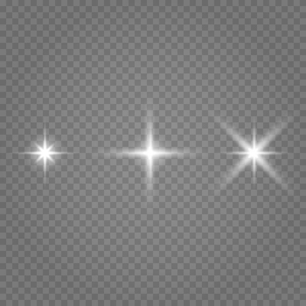 輝く星は、透明な白い背景に隔離されています。星の輝き、美しい太陽のまぶしさ。ベクターイラスト. - ベクター画像