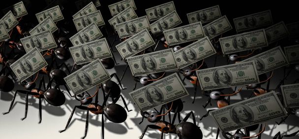 A military formation of ants dragging American dollars. 3d rendering, illustration. - Photo, Image
