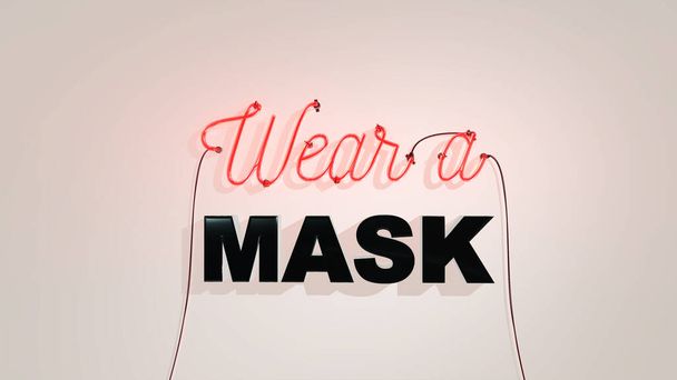 Neon sign on a white wall background saying Wear a mask warning people to put on a mask due to the 2020 coronavirus covid-19 pandemic. - Photo, image