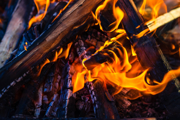 Burning wood chips to form coal. Barbecue preparation, fire before cooking. - Foto, imagen