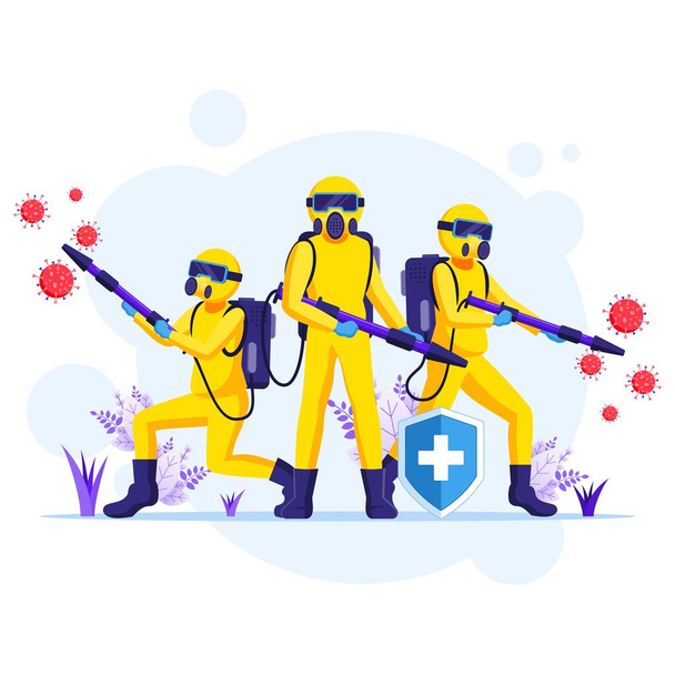Disinfectant worker team in hazmat suits sprays cleaning and disinfecting covid-19 coronavirus cells illustration - Vector, Image