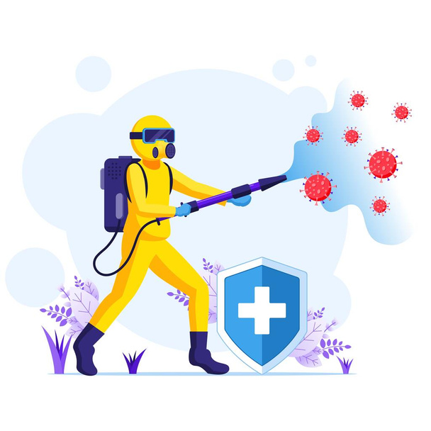 Disinfectant worker in hazmat suits sprays cleaning and disinfecting covid-19 coronavirus cells concept illustrattion - Vector, Image