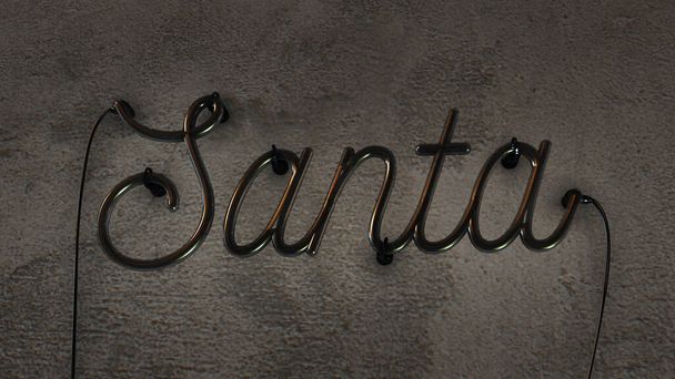 Uitgezet neon kerst decoratie bord dat de naam Santa zegt op een grunge betonnen muur achtergrond - Foto, afbeelding