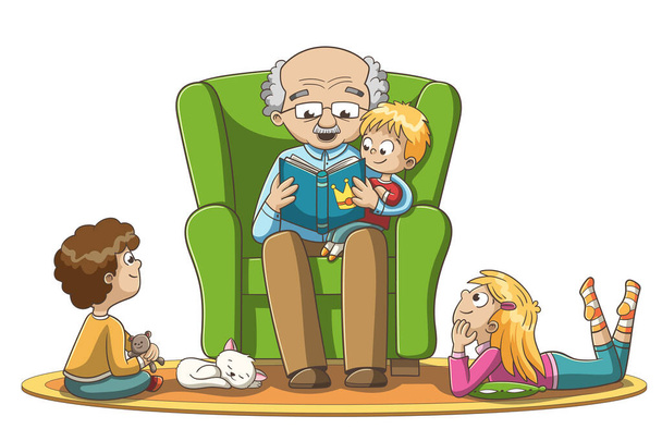 Дедушка читает сказки - Вектор,изображение