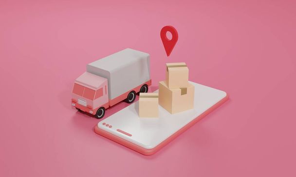 3D renderowania płaska ilustracja Sklep internetowy zakupy na aplikacji mobilnej i ciężarówki wysyłki ładunków smartfona. Ilustracja premium - Zdjęcie, obraz