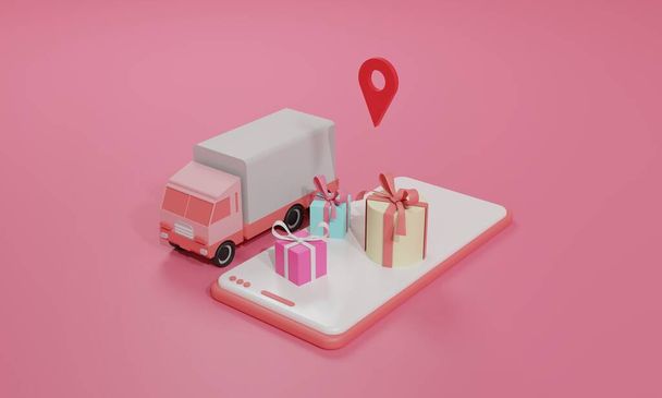 Representación 3D ilustración plana Tienda de compras en línea en aplicación móvil y transporte de carga de camiones de teléfono inteligente. ilustración premium - Foto, imagen