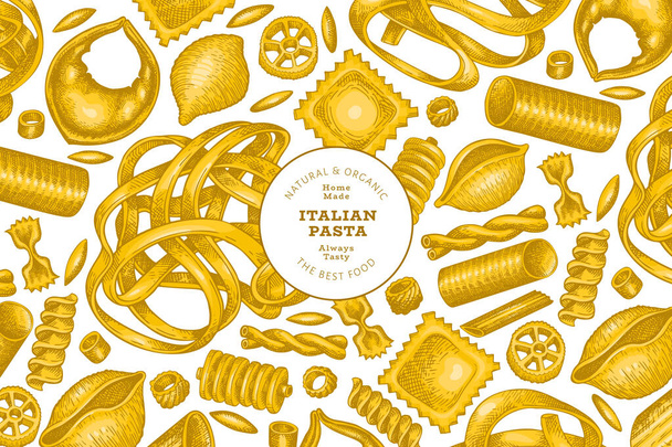 Italian pasta design template. Hand drawn vector food illustration. Vintage pasta different kinds background. - Vetor, Imagem