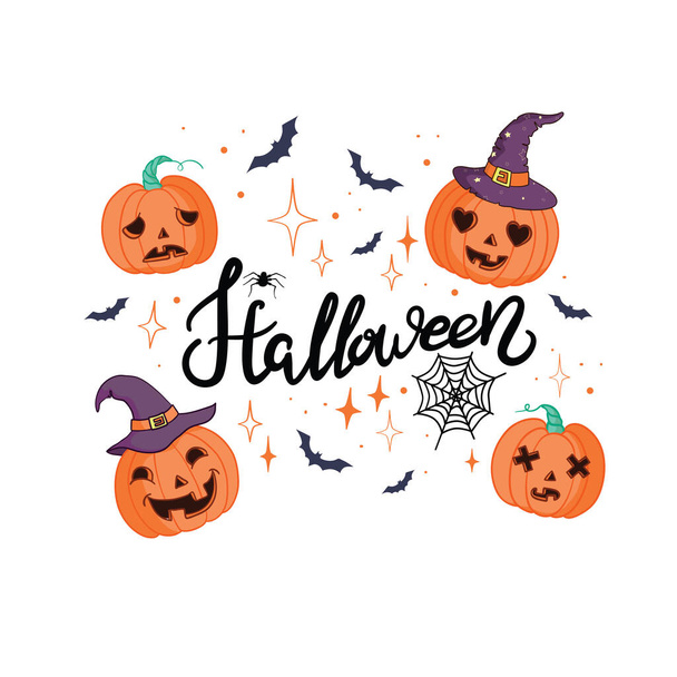 Happy Halloween lettering, vector brush calligraphy. Handwritten Halloween typography print for flyer, poster, greeting card, banner. Hand drawn decorative design element. - Vector, Imagen