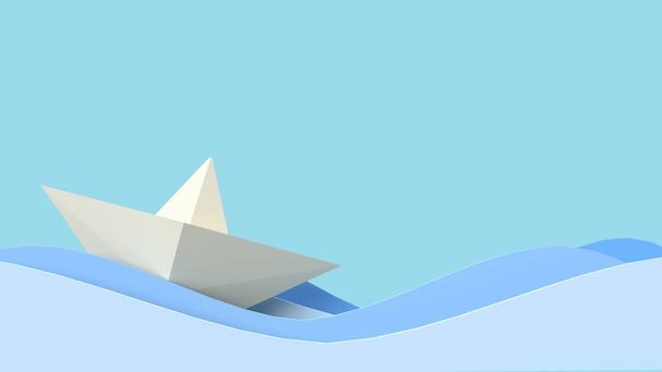 hajó papír és hullám kék háttér kék óceán tartalom 3d renderelés. - Fotó, kép