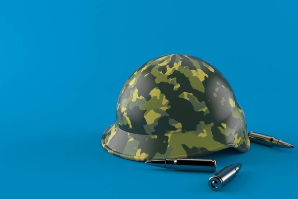 Helm met munitie geïsoleerd op blauwe achtergrond. 3d illustratie - Foto, afbeelding