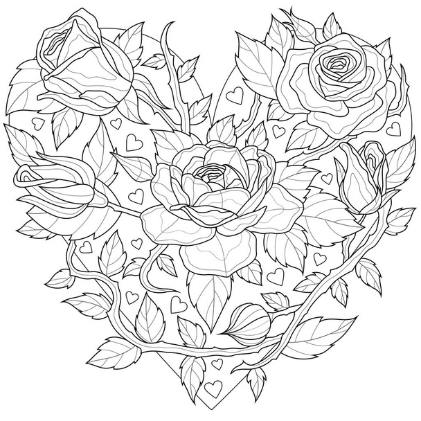 Heart shaped roses.Coloring book antistress for children and adults. Illustration isolated on white background.Zen-tangle style. - Вектор,изображение