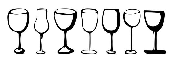 Vettore disegnato a mano doodle set bicchieri di vino illustrazione nera di bicchieri di vino bere su sfondo bianco - Vettoriali, immagini