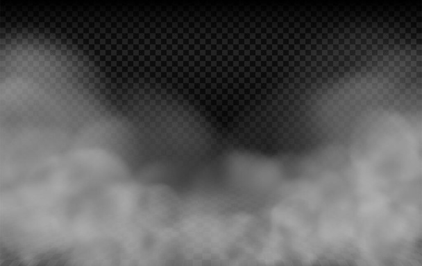 Реалистичный густой туман или плотный дым, закручивающийся внизу, густой туман или тяжелый векторный эффект облаков, изолированный на сетке прозрачности - Вектор,изображение