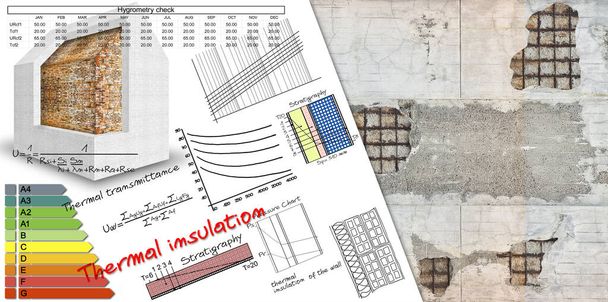 Formules en diagrammen over thermische isolatie en gebouwen energie-efficiëntie - concept beeld tegen een beschadigde betonnen muur - beeld met kopieerruimte. - Foto, afbeelding