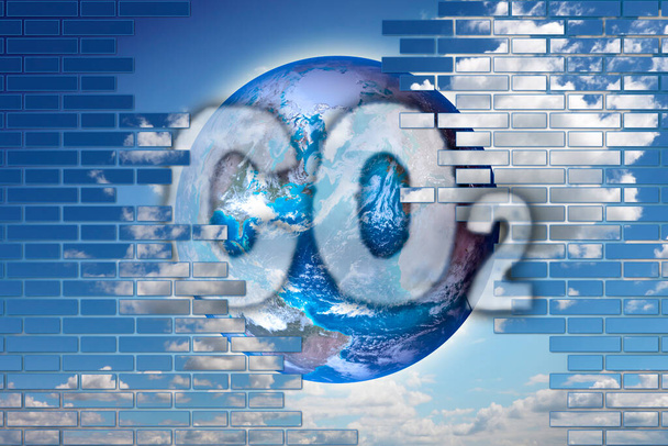 Παρουσία CO2 στην ατμόσφαιρα - concept image with a NASA planet Earth image behind a open brick wall. - Φωτογραφία, εικόνα