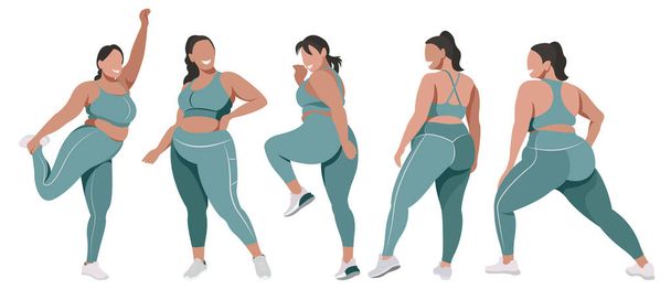 vector flat illustration on the topic of body positivity and physical activity. a group of healthy girls of natural beauty in leggings and sports bras are engaged in fitness. each figure is isolated. - Vector, Image