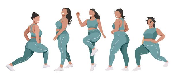 vector flat illustration on the topic of body positivity and physical activity. a group of healthy girls of natural beauty in leggings and sports bras are engaged in fitness. each figure is isolated. - Vector, Image