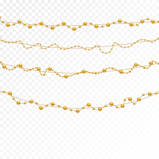 Золотий бісер на білому тлі. Набір золотих намистин і золотих ланцюжків. Різні моделі і форми золотих намистин. Реалістичне зображення намиста. Векторні ілюстрації
. - Вектор, зображення