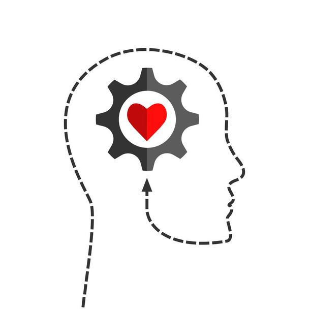 Силуэт головы человека выполнен из пунктирной линии с передачей и формой сердца внутри как позитивное мышление, вдохновение, психическое здоровье или концепция эмоционального интеллекта - Вектор,изображение