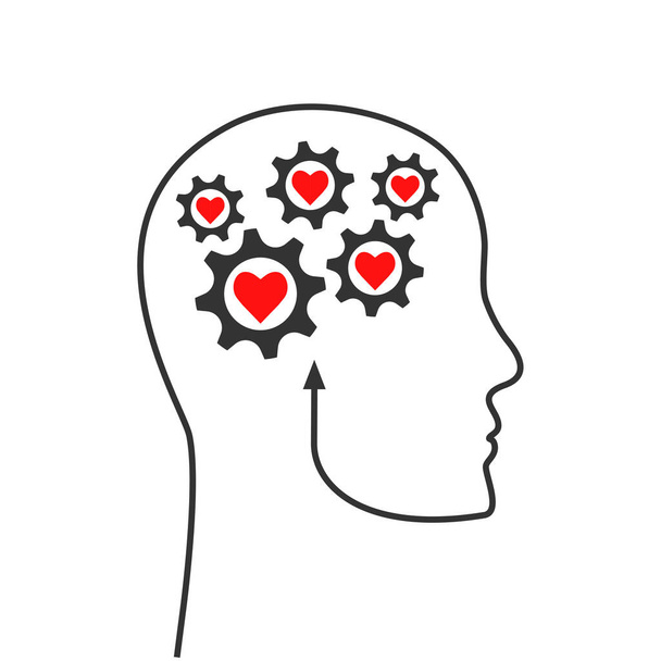 Силуэт головы с шестернями и красными сердцами, как эмоциональный интеллект, вдохновение или хорошее психическое здоровье концепции. Профиль и контур лица с шестеренками как символ человеческого разума. - Вектор,изображение