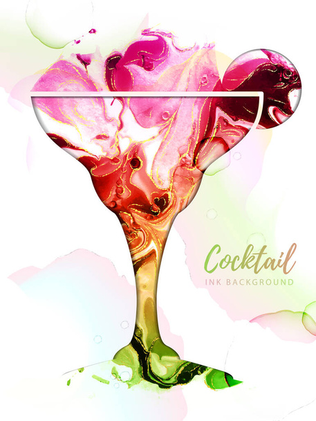 Artistic margarita cocktail silhouette with alcohol ink texture. Marble texture background - Vetor, Imagem