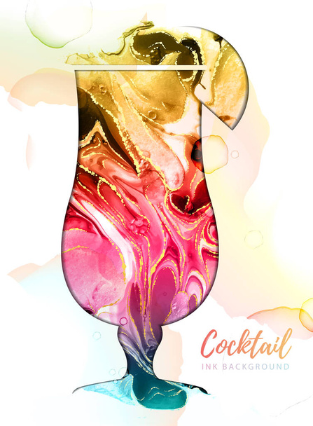 Artistic tequila sunrise cocktail silhouette with alcohol ink texture. Marble texture background - Vector, imagen