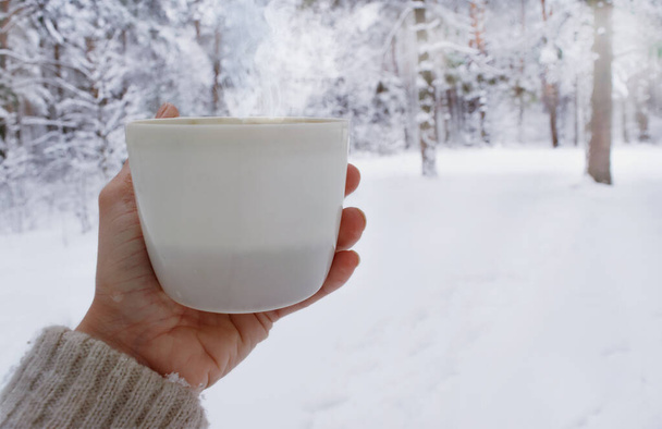 a cup of hot tea in a snow-covered park. Walks in the forest, with fragrant hot tea.the warm steam coming from the mug helps to keep warm in the cold. winter holidays. the magic of fragrance. winter.. - Foto, Imagem