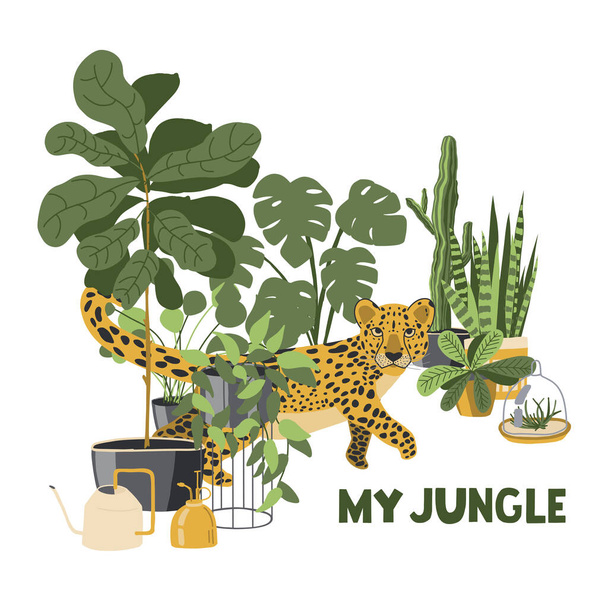 Leopard, home plants and text.My jungle. Print for T-shirts, poster, postcards, poster. profile. Jungle style. Wild style for conservationists, teenagers, and children. Cute cat. Vector illustration. - Vector, afbeelding