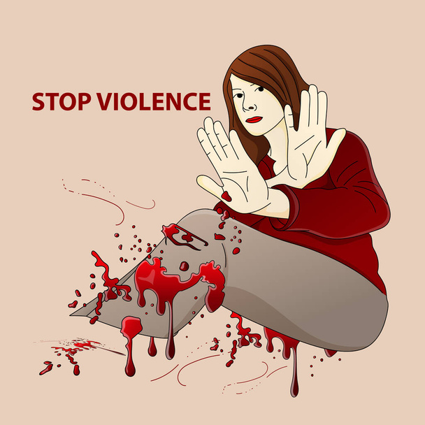 Прекратить насилие в отношении женщин. Женщина с поднятыми руками перед собой защищает себя. Капает кровь. - Вектор,изображение