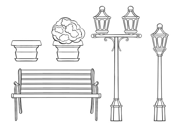 Línea de arte de un banco, un macizo de flores y una linterna. ilustración vectorial. Ilustración vectorial - Vector, Imagen