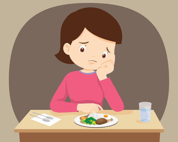 Mulher aborrecida com comida, a mãe não quer comer. entediado comer - Vetor, Imagem