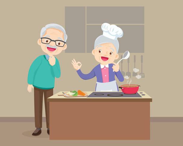 キッチンで祖父母の料理と幸せな家族、お祖父さんはおばあちゃんの料理を探しています。高齢者料理  - ベクター画像