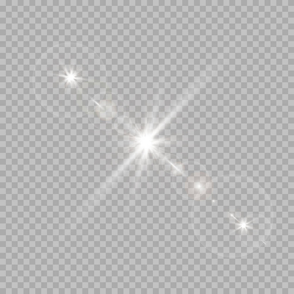 輝く星は、透明な白い背景に隔離されています。星の輝き、美しい太陽のまぶしさ。ベクターイラスト. - ベクター画像