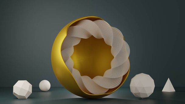 黄金の丸いフレームを持つ幾何学的な形状。スパイラルサークル、ピラミッド、氷圏、球。トレンドカラーでの製品設計のショーのための現代的な背景2021.3Dレンダリング図 - 写真・画像
