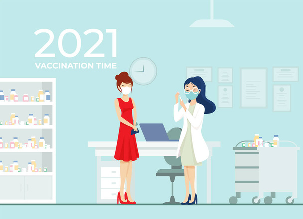 Vacuna contra la gripe para chicas jóvenes, vacunación de mujeres. 2021 año seguro vector ilustración - Vector, imagen