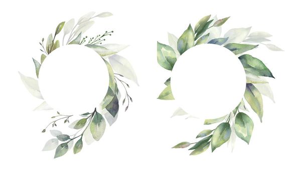 Conjunto de ilustración floral de acuarela - colección de marco de hoja verde, para papelería de boda, saludos, fondos de pantalla, moda, fondo. Eucalipto, aceituna, hojas verdes, etc.. - Foto, imagen