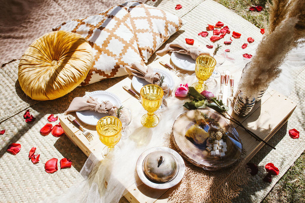 picnic for a romantic date in Valentines day in a forest and lake in Latin America - Photo, Image