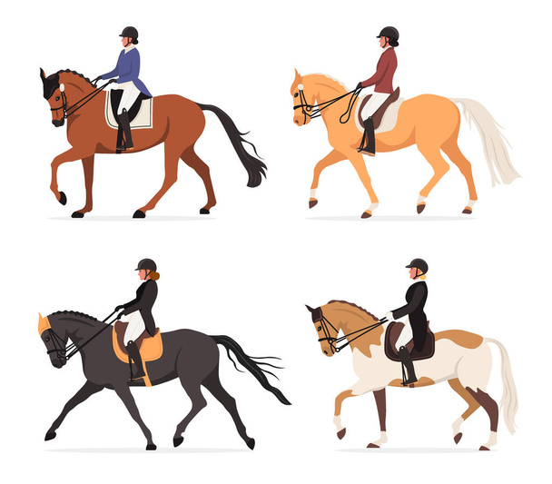 fiatal lovas nők vektorkészlete a versenypályán. Szakmai lovas verseny, díjhajtás. Lovagló nő a versenyen. Női zsoké a lóversenyen. - Vektor, kép