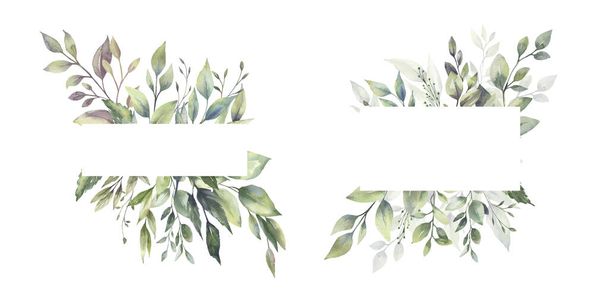 Conjunto de ilustração floral aquarela folha verde coleção Frame, para casamento estacionário, saudações, papéis de parede, moda, fundo. Eucalipto, oliveira, folhas verdes, etc.. - Foto, Imagem