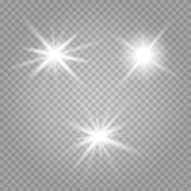 Estrellas brillantes aisladas sobre un fondo blanco transparente. El resplandor de las estrellas, hermoso resplandor solar. Ilustración vectorial. - Vector, imagen